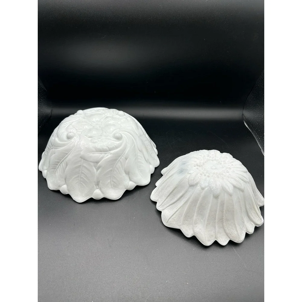 2 VTG White MILK GLASS Footed Floral Cabbage Lettuce Leaf 9